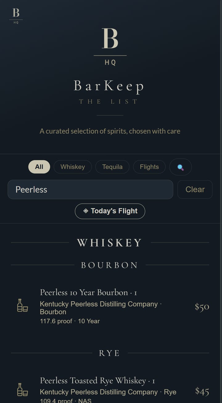 Guest menu search — premium Peerless pours, easy to find